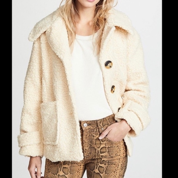 Free People Teddy Coat Sherpa Jacket Cozy Size M Button front Ivory - Picture 1 of 13